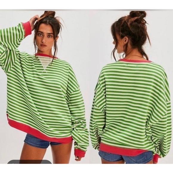 Free People Tops - We The Free Sweatshirt Small Green White Pink Striped Oversized Crewneck